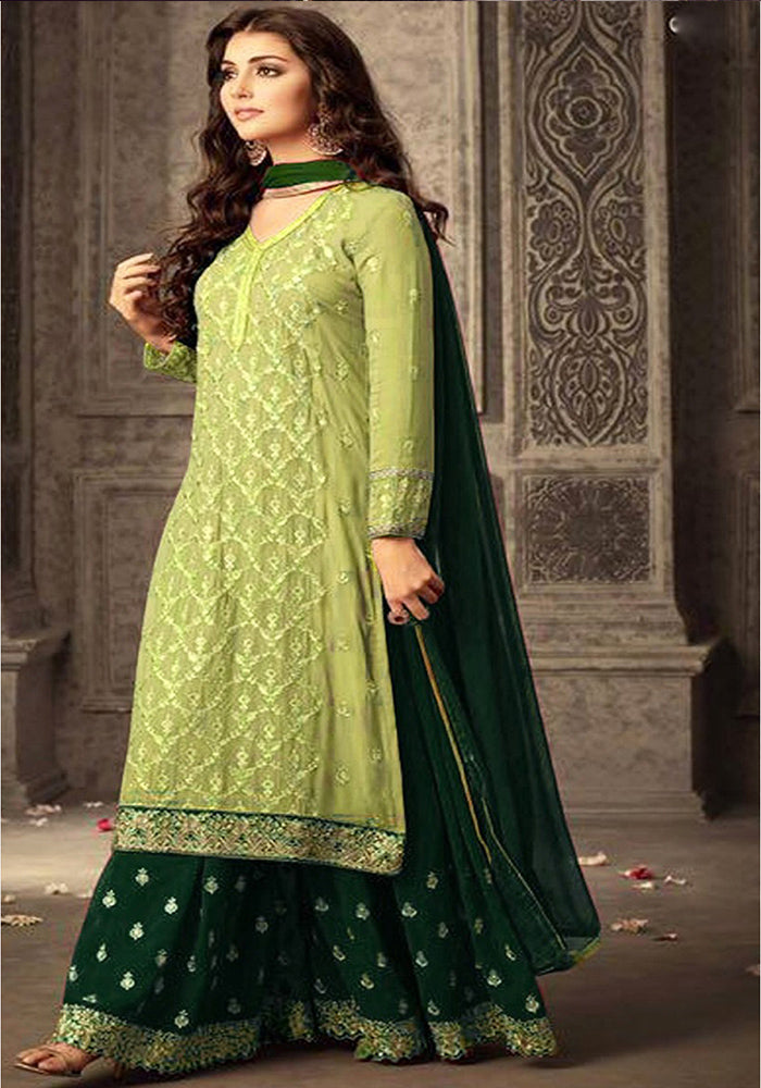 GREEN&DARK GreenHeavy Georgette Embroidery Work With Designer Sharara Suit