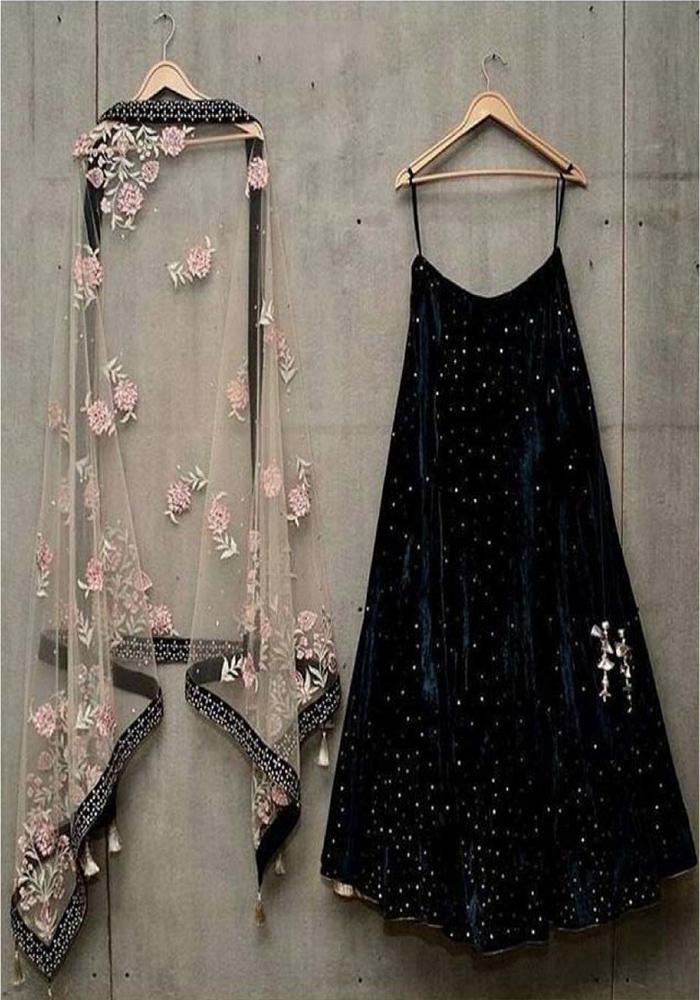 Designer Blue Velvet Lehenga Choli