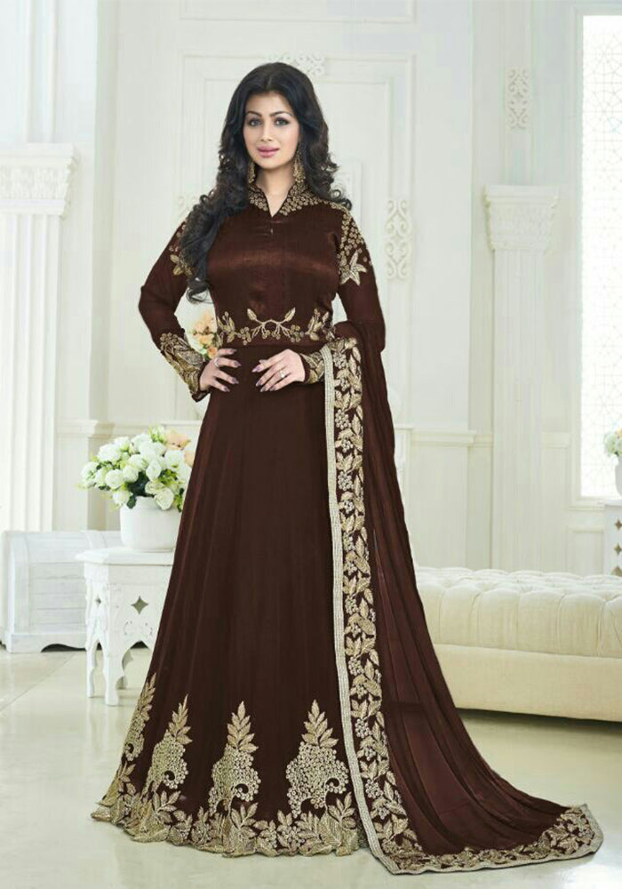 Designer Brown Georgette With Embroidry Party Ware Dress