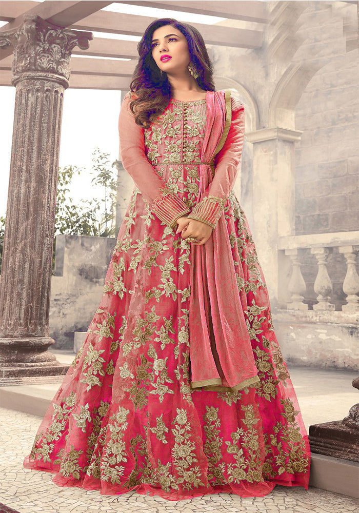 Designer Pink Color Long  Gown With Fany Work