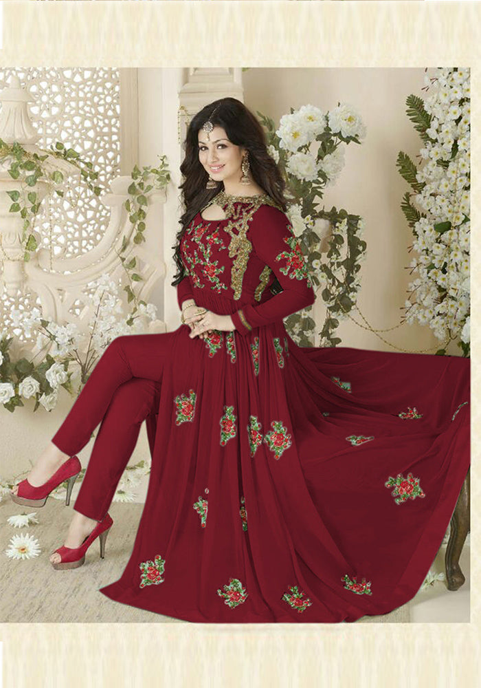 Latest Red Color Georgette With Embroidered Work Gown Dress