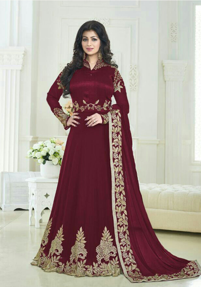Designer Maroon Georgette With Embroidry Party Ware Dress