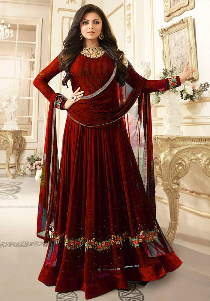 Designer Red Georgette  Embroidered Work PartyWear Suit