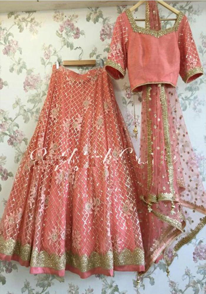 TISHU NET WITH EMBROIDERY WORK AND INNER LEHENGA SET