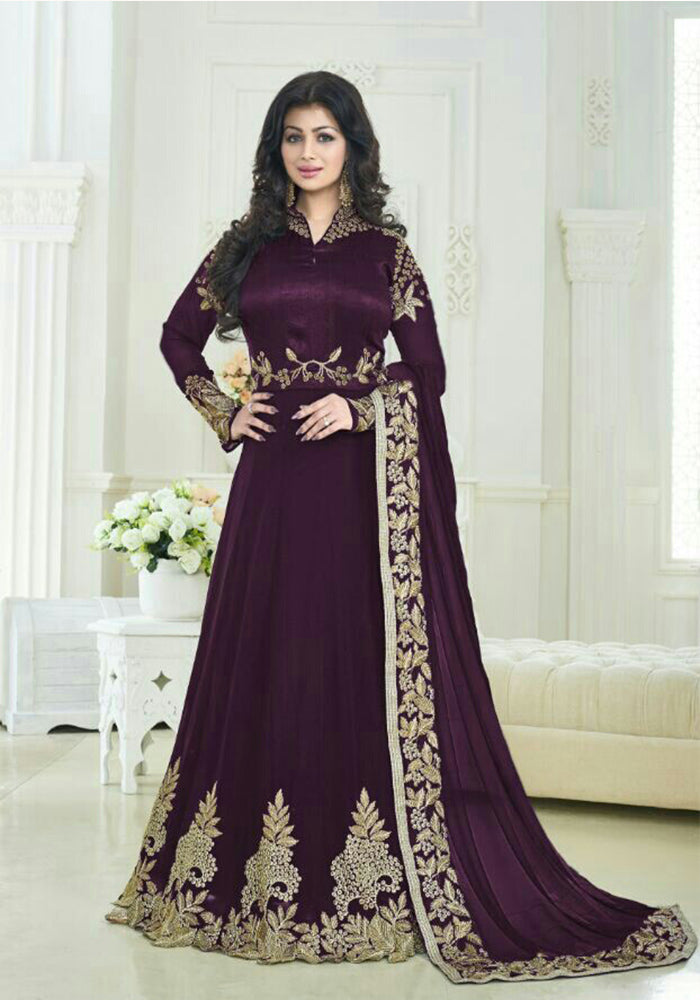 Designer Violet Georgette With Embroidry Party Ware Dress