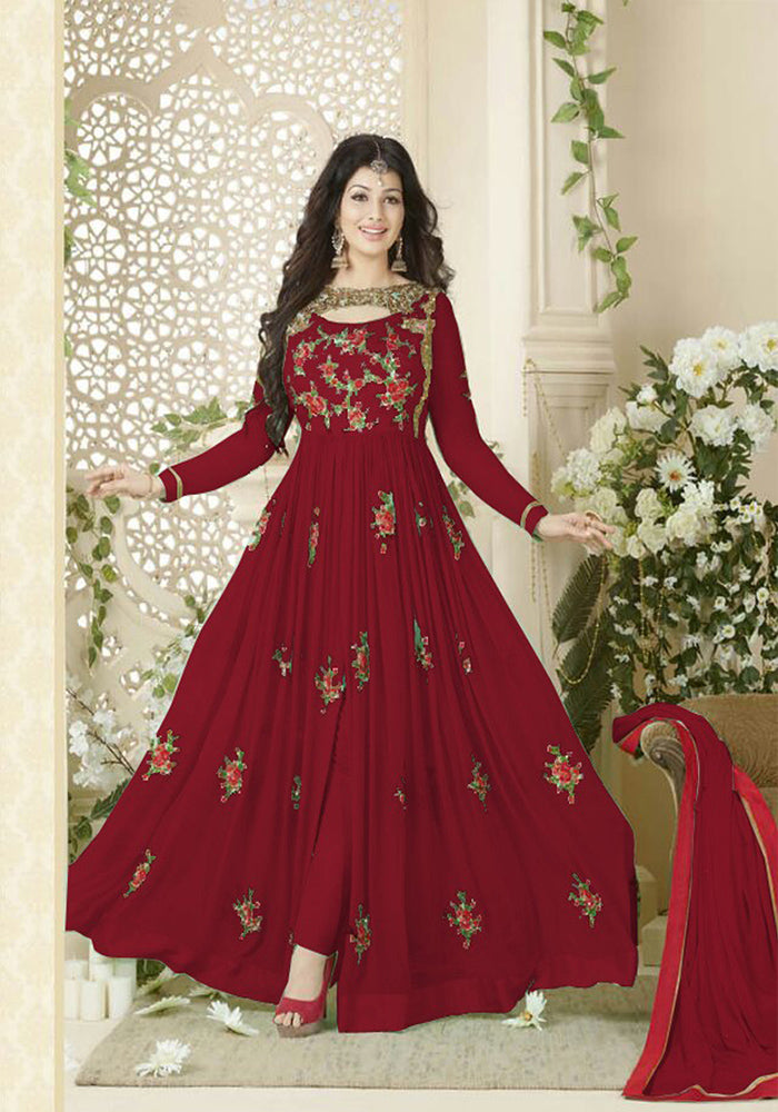 Latest Red Color Georgette With Embroidered Work Gown Dress