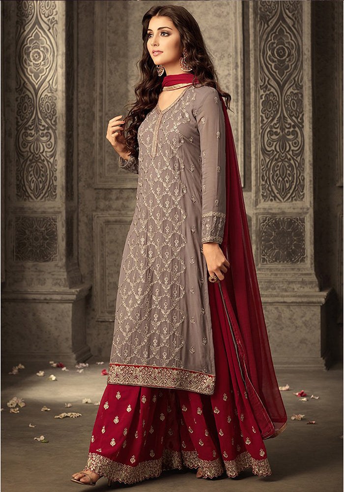 grey&RedHeavy Georgette Embroidery Work With Designer Sharara Suit