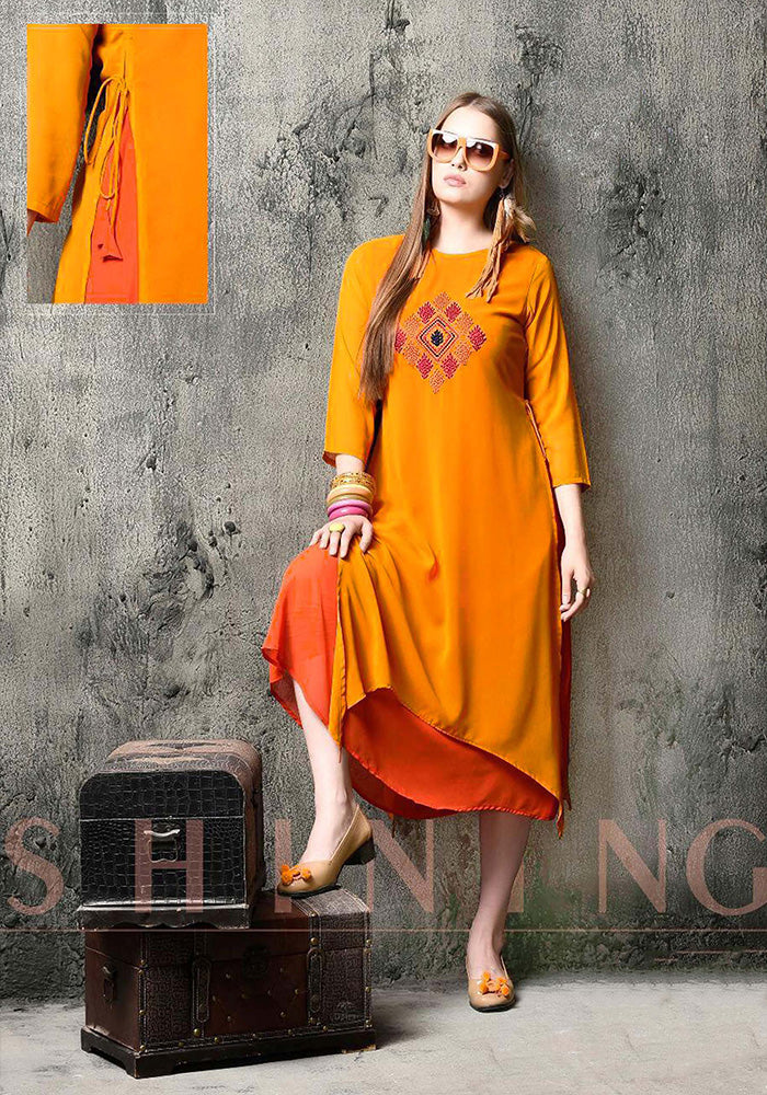NEW  GEORGETTE WITH INNER YELLOW AND ORANGE KURTI