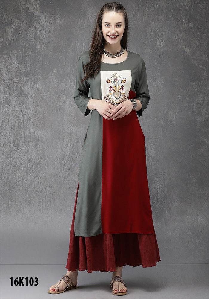 NEW RAYON GREY & MAROON FENCY KURTI