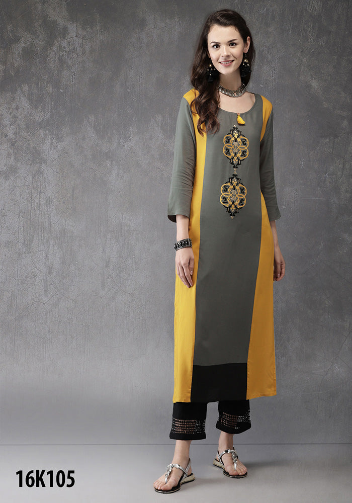 NEW RAYON  YELLOW & CEMENT FENCY KURTI