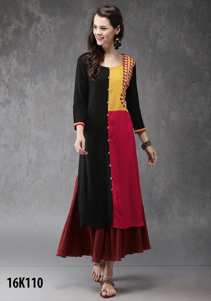 f NEW RAYON  BLACK & MAROON FENCY KURTI
