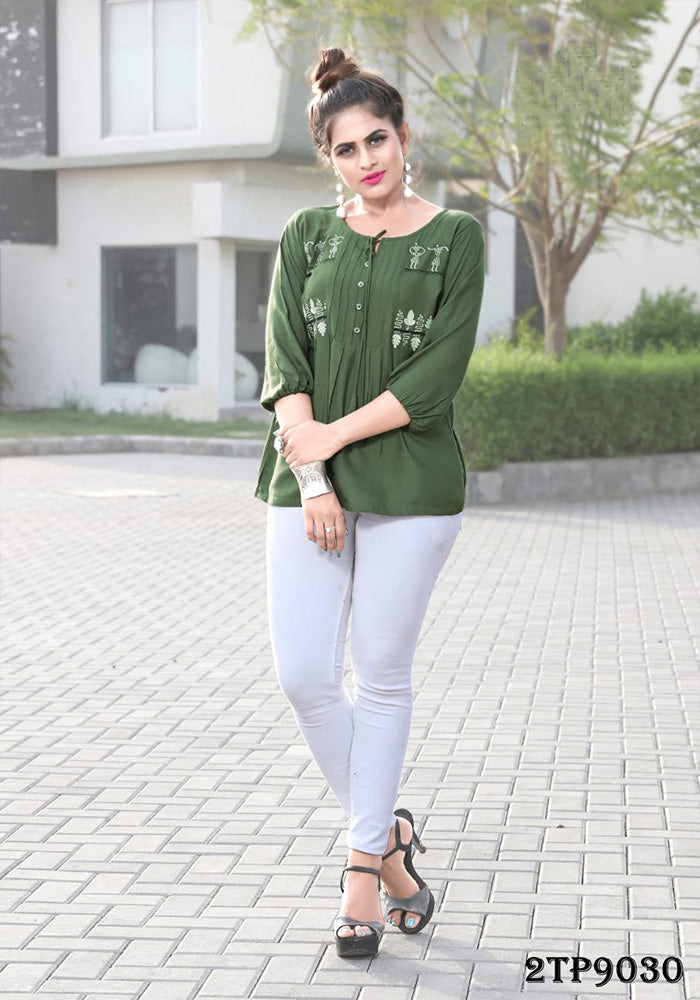 NEW RAYON OLIVE GREEN EMBROIDERY WORK TOP