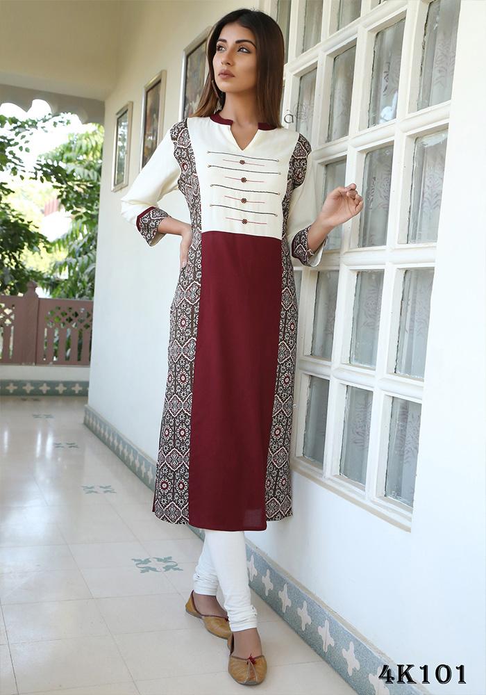 MAROON & OFFWHITE COLOR RAYON KURTI