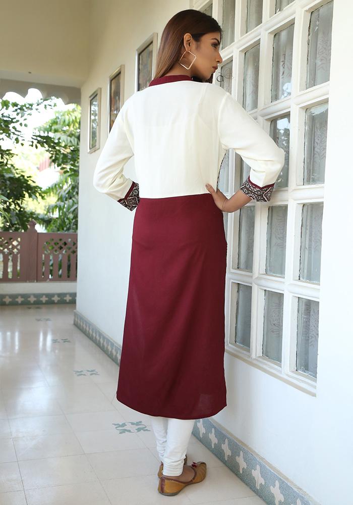 MAROON & OFFWHITE COLOR RAYON KURTI