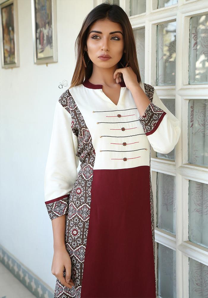 MAROON & OFFWHITE COLOR RAYON KURTI