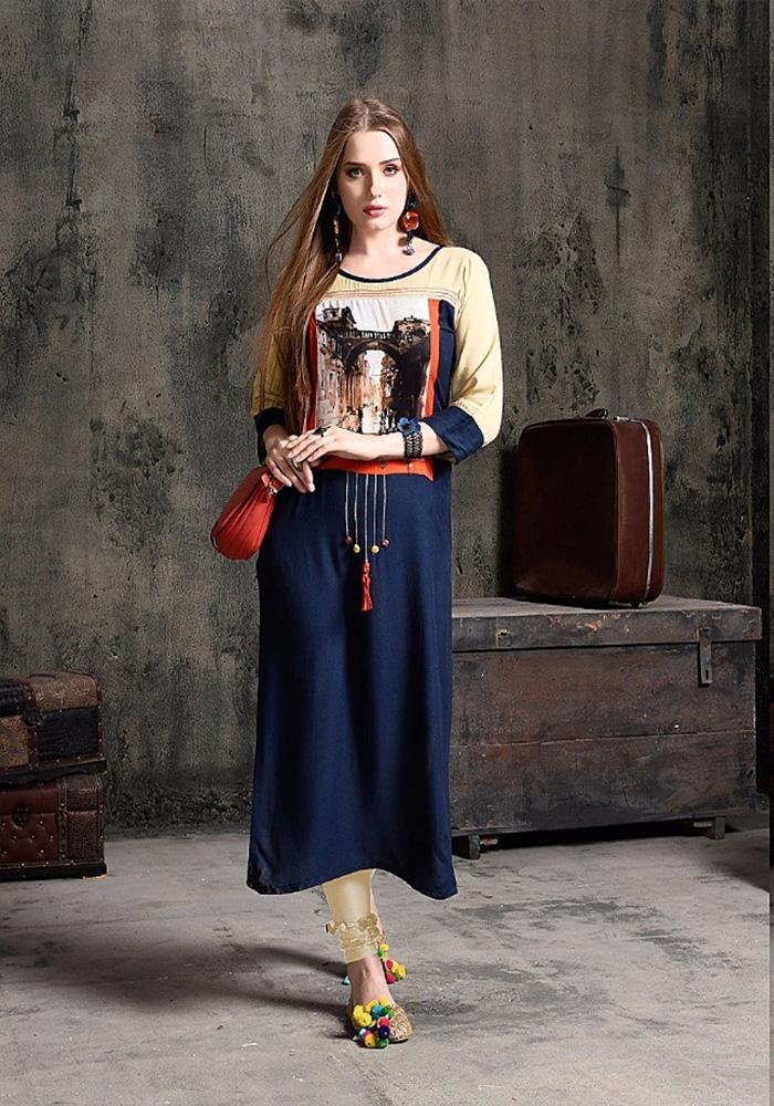 BLUE & BEIGE COLOR RAYON KURTI