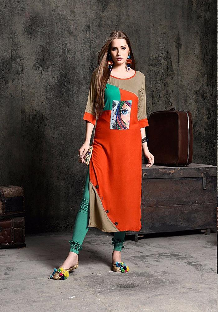ORANGE & BEIGE COLOR RAYON KURTI