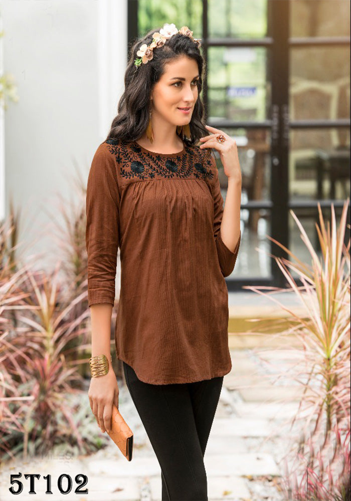 LATEST RAYON BROWN EMBROIDERY WORK FENCY TOP