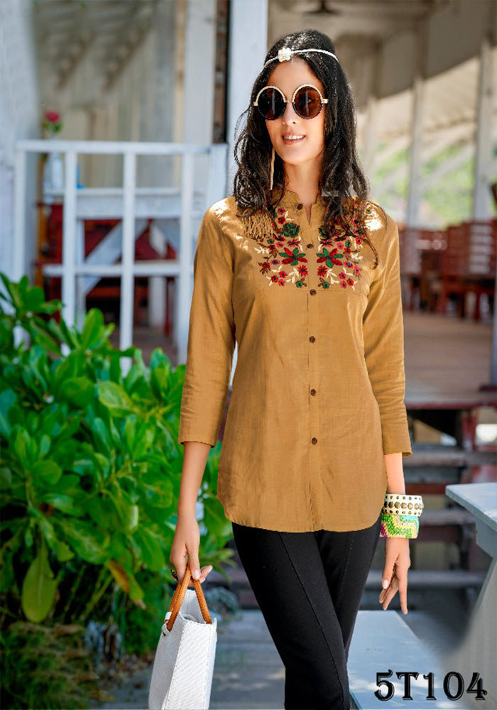 LATEST RAYON COFFEE EMBROIDERY WORK FENCY TOP