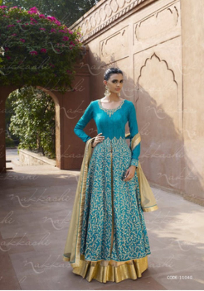 Beige with Sky Blue Heavy Machine & Embroidery Wedding Lehenga Suit