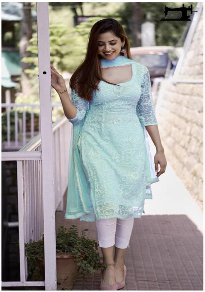 Latest Sky Blue Color Heavy Georgette Complete Stichted - Pearl And Thread Work Dress