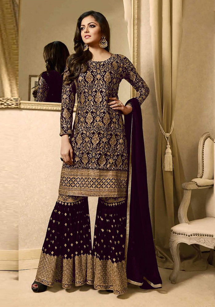 Latest Purple Color Faux Georgette With Embroidery Work Sarara Dress