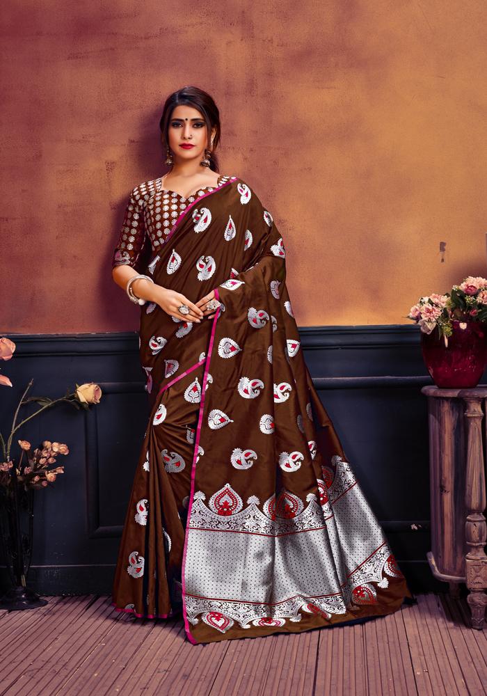 Banarasi Weaving Lichi Silk Saree With Rich Body Work And Silver Zari