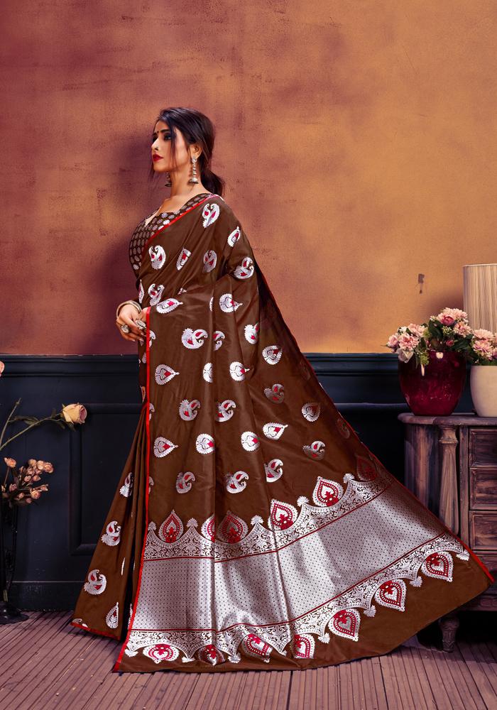 Banarasi Weaving Lichi Silk Saree With Rich Body Work And Silver Zari