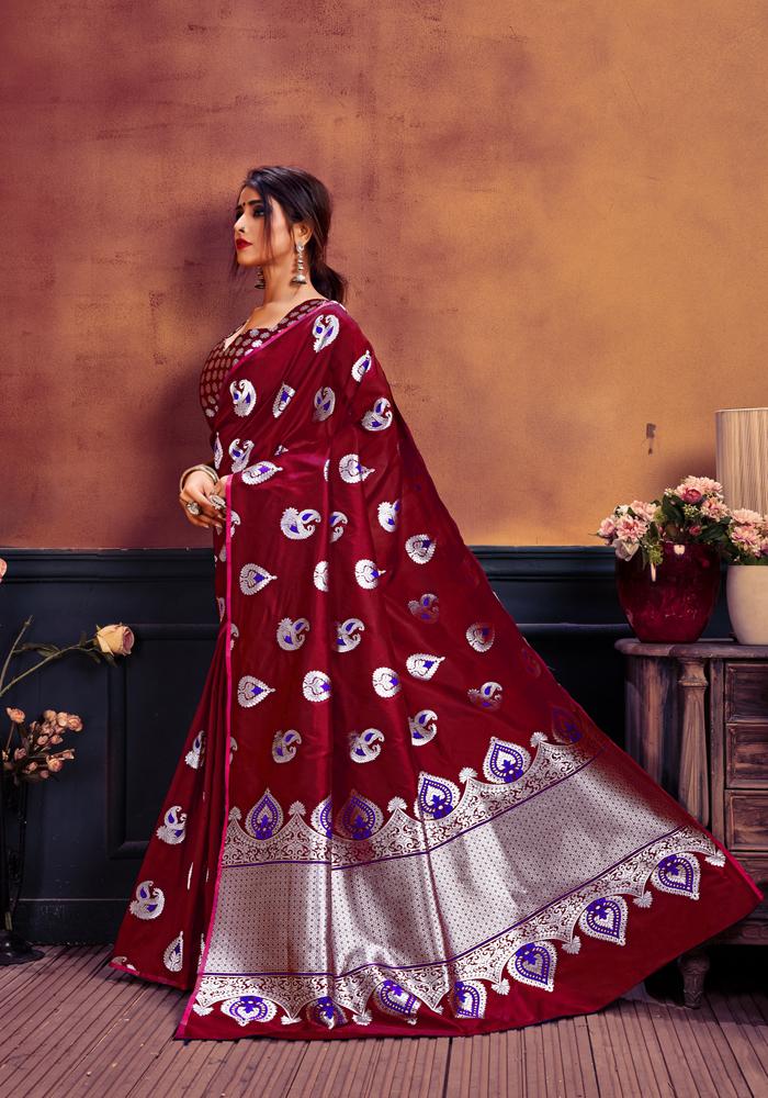 Banarasi Weaving Lichi Silk Saree With Rich Body Work And Silver Zari