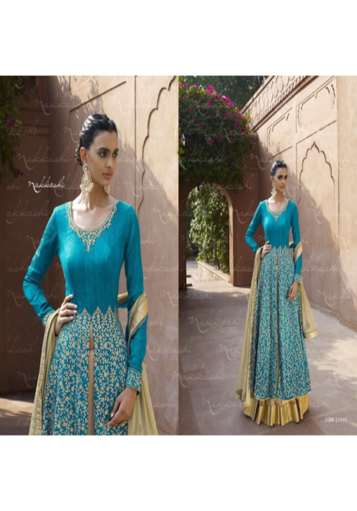 Beige with Sky Blue Heavy Machine & Embroidery Wedding Lehenga Suit